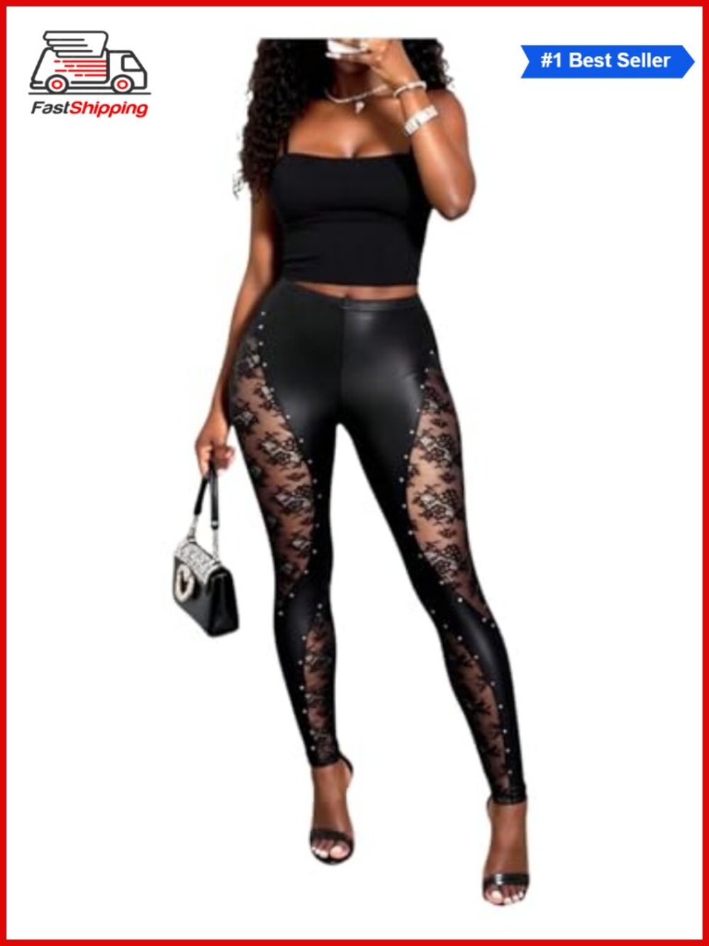 ✨MakeMeChic Faux Leather Rivet Studded Floral Lace Elastic Waist Party Trousers
